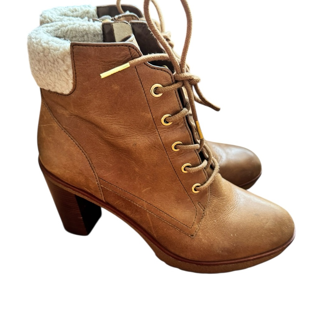 MICHAEL Michael Kors Tan Leather Lace-Up Block Heel Ankle Boots - Picture 5 of 12
